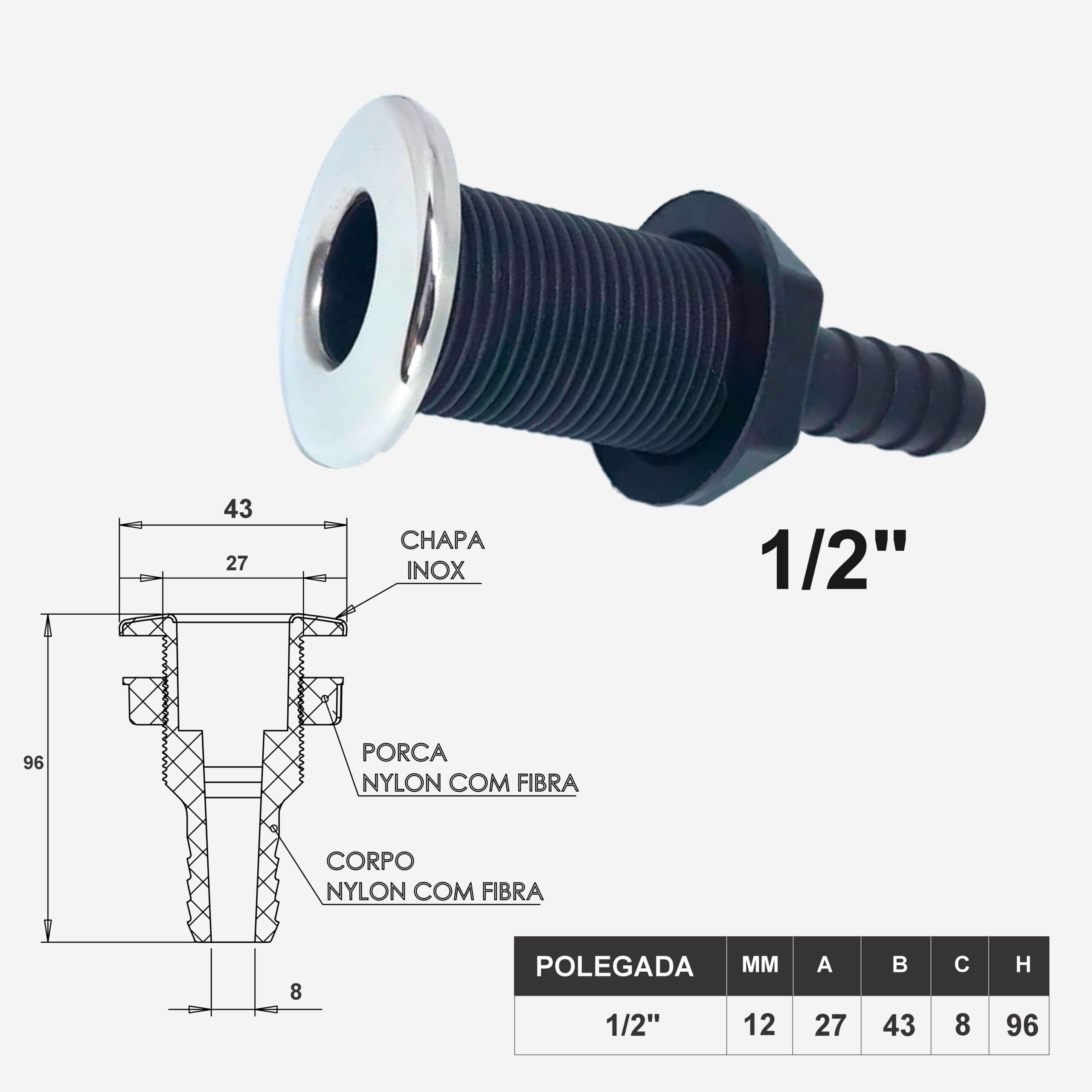 Saída 1/2" — vista técnica